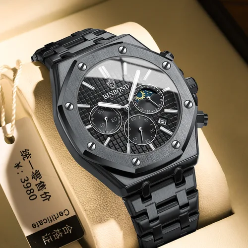 Imagen 2 del producto Reloj de marca superior para hombre, reloj de pulsera BINBOND B0161 luminoso de lujo, reloj de pulsera de acero inoxidable resistente al agua con calendario y fecha para hombre
