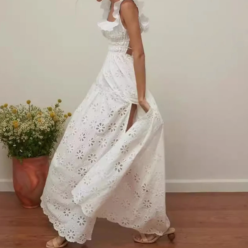 Vestido largo liso con volantes y cuello cuadrado elegante, vestido de fiesta sexi sin mangas con cintura alta y abertura, vestidos largos bordados a la moda para mujer