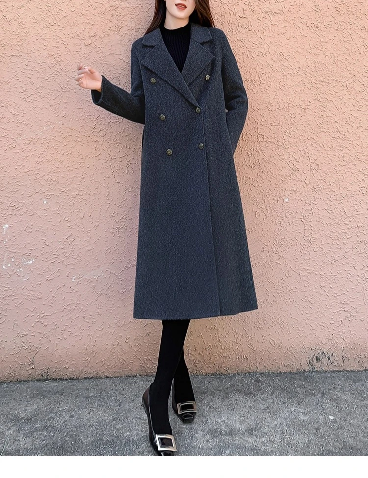 معطف صوفي نسائي جديد للخريف والشتاء، معطف كشمير عصري للتنقل باللون الرمادي الداكن وياقة عالية الجودة على الوجهين #3