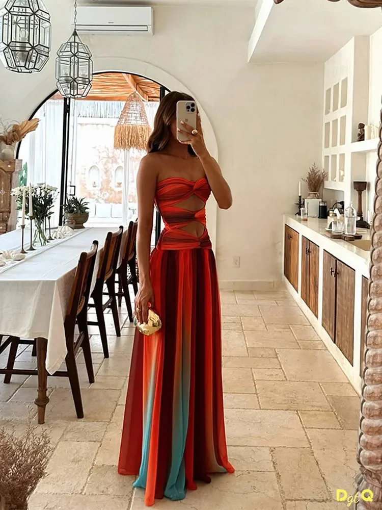 Printed Color Collision Women Maxi Dress Chest Wrapped Cut Out Strapless Backless High Waist Pleated Robe 2025 Summer Lady Robes