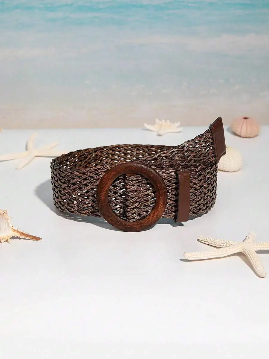 1pc Women's Bohemian Vacation Style Wooden Button & Straw Braided Belt Summer, School Fall, Autumn, Halloween