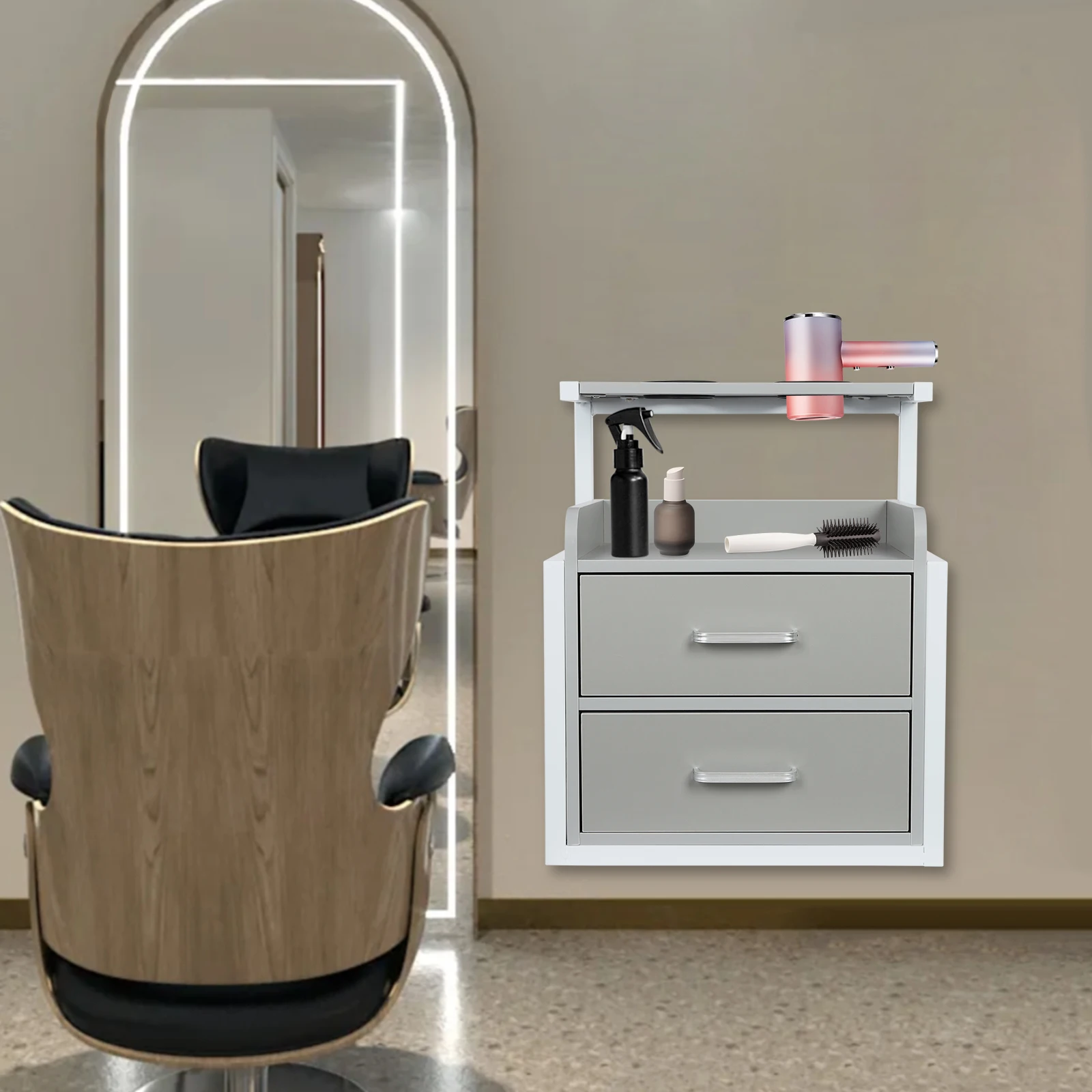 

Suspended Wall Cabinet Wall Mounted Styling Salon Station Hair Cutting Station w/2 Storage Drawers&Hair Dryer Stand