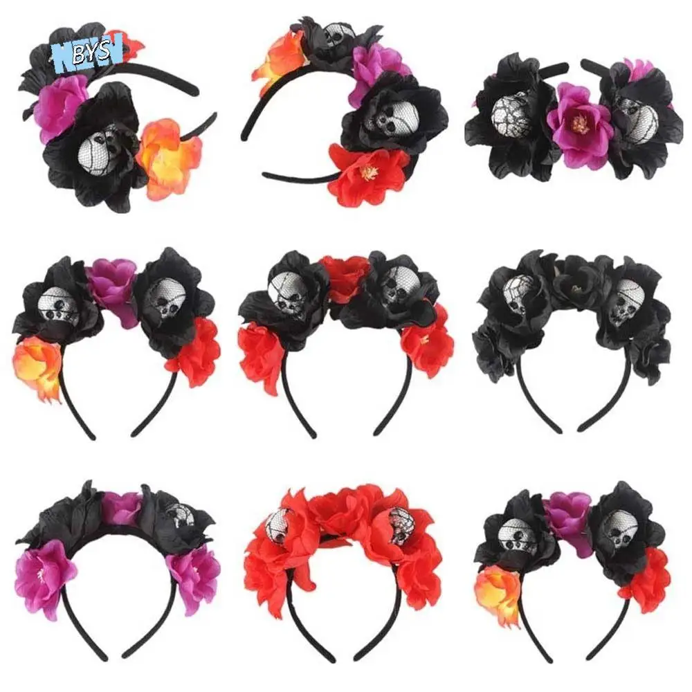 

Day of The Dead Halloween Headband Halo Crown Headwear Rose Flower Crown Halloween Skull Hair Hoop Non-slip Simulated Flowers