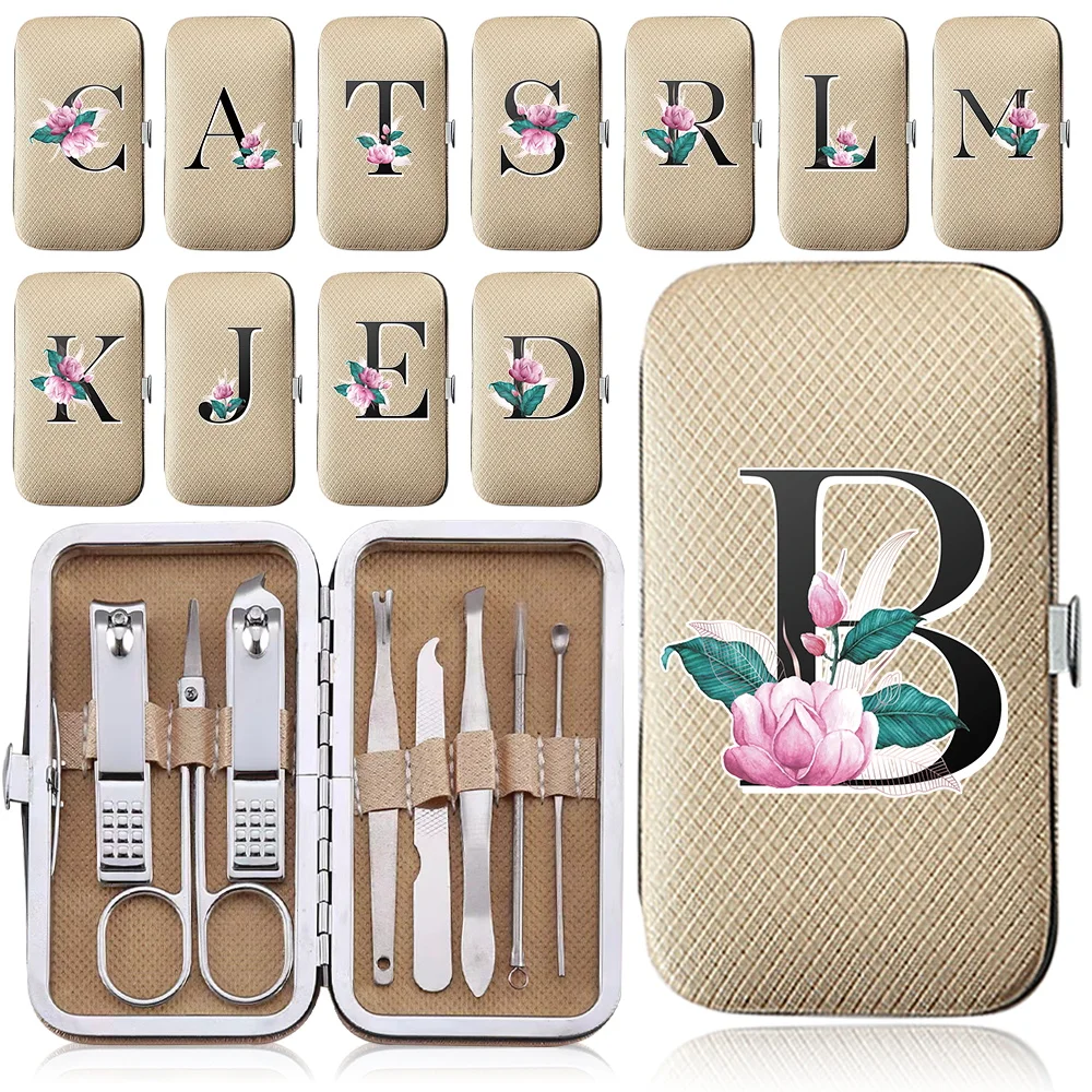 

8Pcs Nail Clippers Kit Manicure Pedicure Set Portable PU Case Stainless Steel Nippers Tool Organizer Whitemarble Letter Pattern