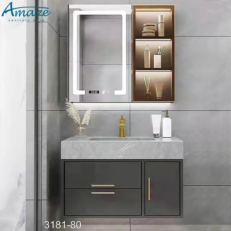 Mueble de baño con espejo inteligente, mueble con diseño de madera contrachapada, estilo moderno, para Hotel y hogar