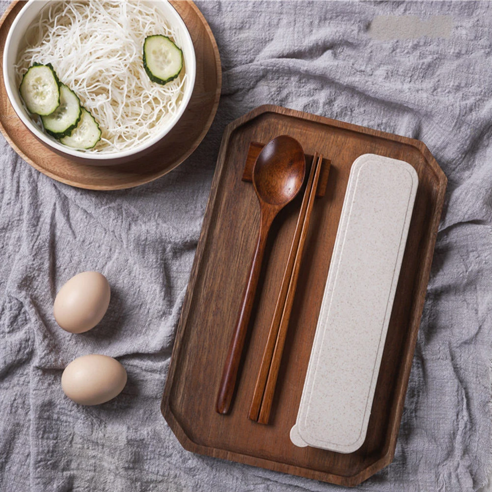 

4Pcs Bamboo Tableware Set with Case Chopsticks Spoon Rest Compact Dinner Service Ideal for Hiking Business Trip Home Use