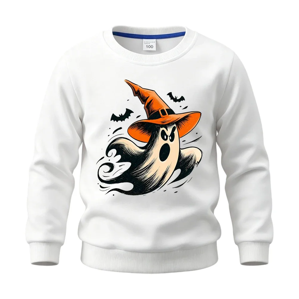 Children's Long-Sleeve Cotton Sweatshirt for Boys and Girls – Halloween Pullover Featuring Angry Ghost and Witch Patterns