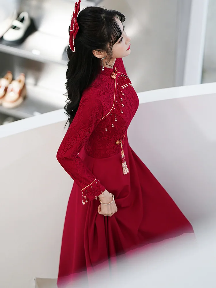 Donne tradizionale cinese abbigliamento pizzo Cheongsams abito da sposa cina capodanno rosso Qipao Toast abito da sposa Plus Size Robe