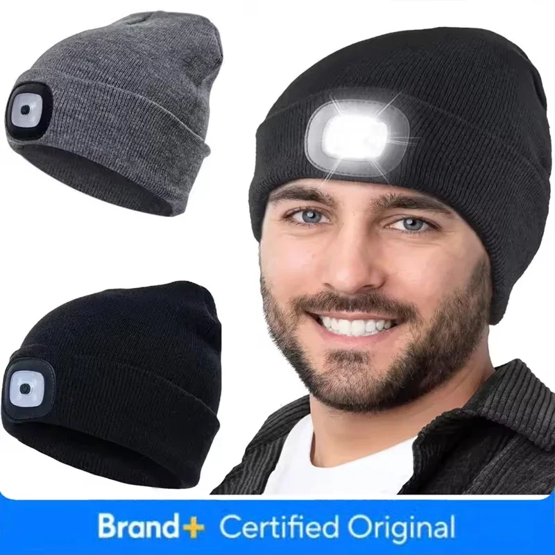 

Шапка-бини со светодиодной подсветкой, перезаряжаемая от USB, унисекс, теплая зимняя вязаная шапка, налобный фонарь, фонарик для ночного бега, езды на велосипеде Amagi