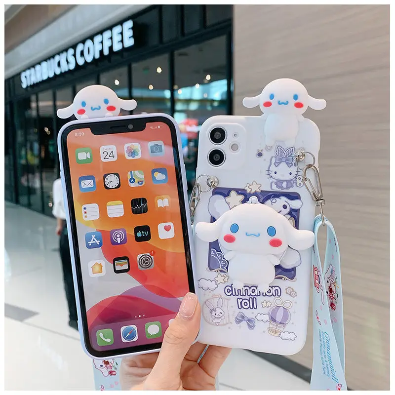 Sanrio 3D Cinnamoroll funda de teléfono con soporte espejo de tocador para iPhone16 15 14 13 12 11 Pro Max funda de silicona suave cuerda cruzada