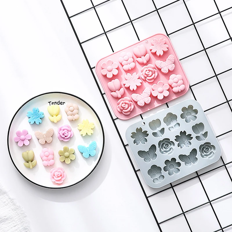 12 Grids 3D Different Flower Butterfly Shapes Silicone Mold Chocolate Candy Cake Jelly Mold Fondant Baking Mold Food DIY Tool