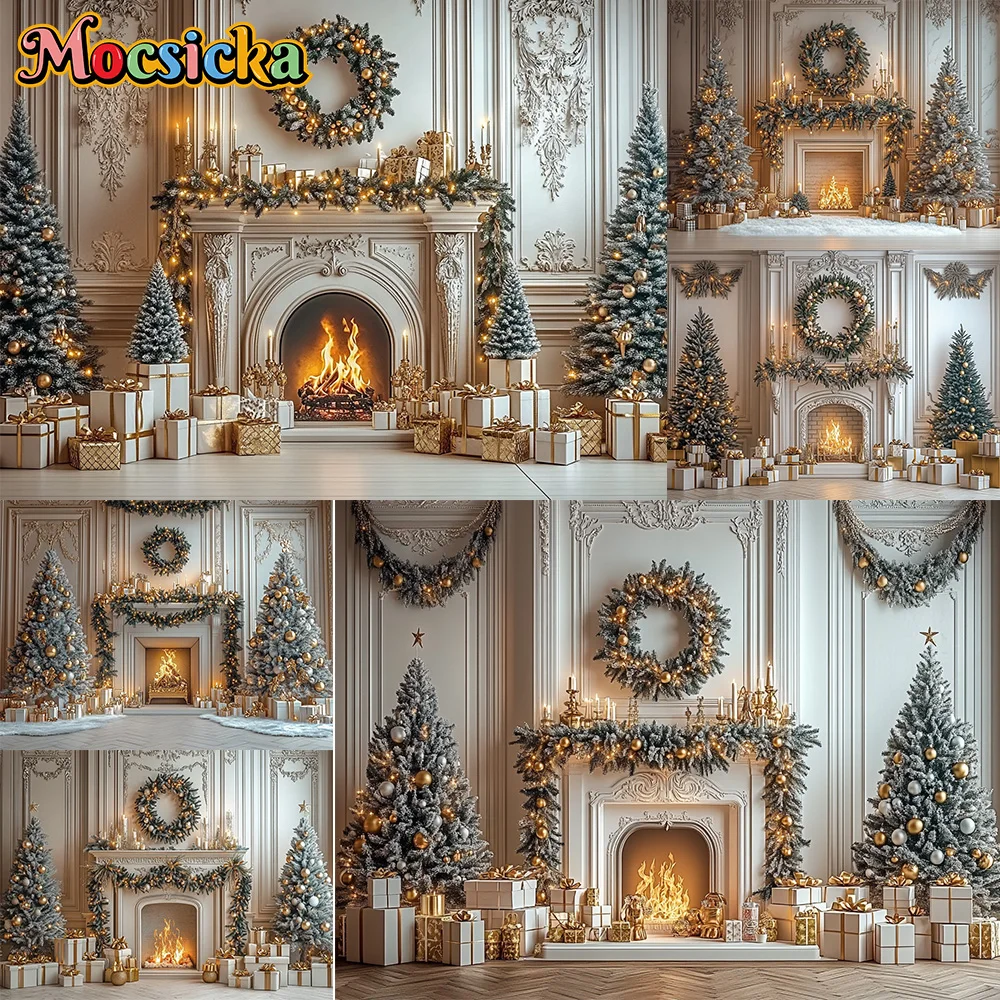 

Mocsicka Photography Background Golden Christmas Tree Garland Fireplace Gift Decoration Backdrop Family Xmas Holiday Party Prom