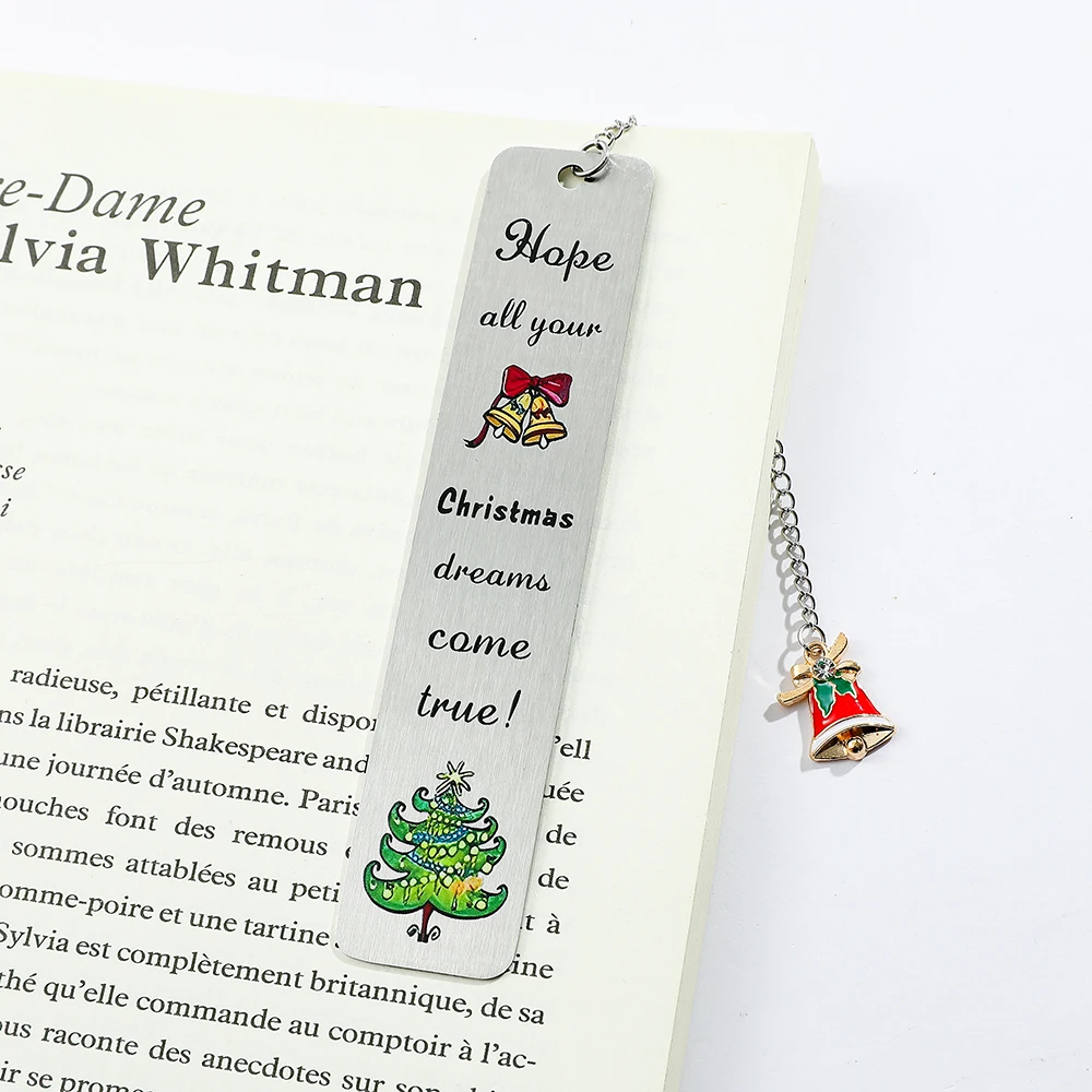 1pcs Christmas Wishes Bookmark, Stainless Steel Bookmark with Pendant, Christmas Gift 'Wish Dreams Come True' For Family
