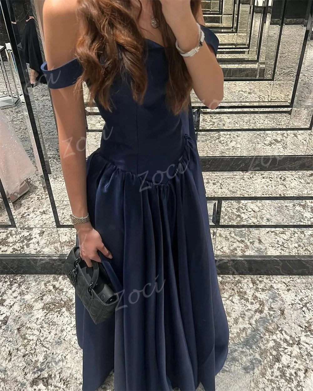 Zoci Sweetheart-vestidos de graduación de satén azul marino, vestido de noche personalizado con hombros descubiertos, vestido de fiesta Formal de princesa para ocasiones