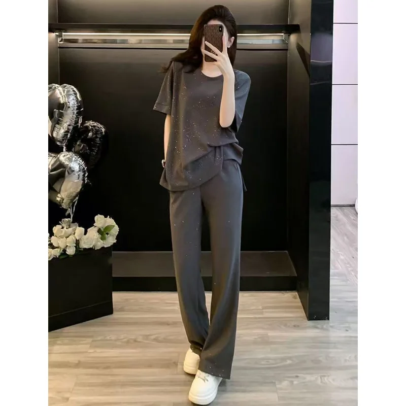 

Women's 2025 Summer New Gray Short Sleeve Shirts Pants Two Piece Suits Lady Casual Loose Tops Trousers Outfits Daily Clothing