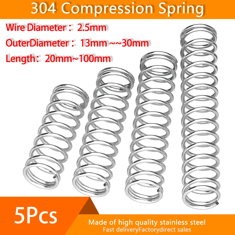 

5Pcs 304 Stainless Steel Compression Spring Diameter 2.5mm Cylidrical Coil Return Springs Pressure Spring diameter 13mm to 36mm
