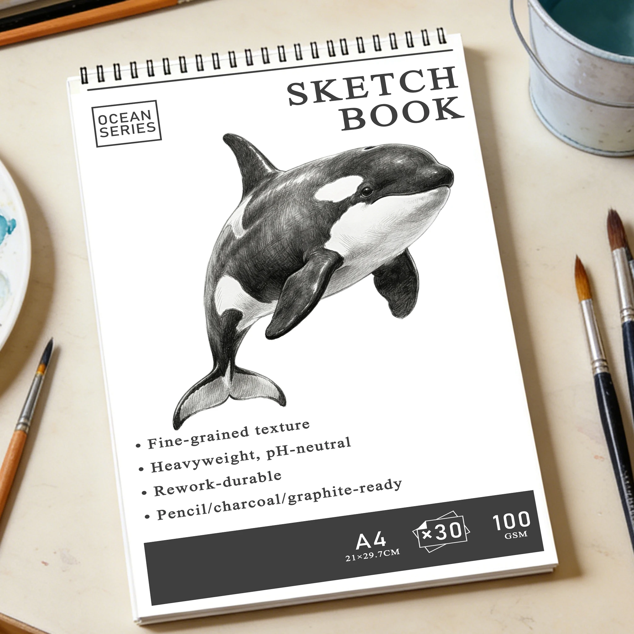 Ocean Series Heavyweight Art Sketchbook - 30 Sheets Fine-Grained Ph-Neutral Paper, Rework-Durable Spiral-Bound Watercolor Pad &