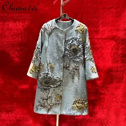 High-end Relief Jacquard Embroidery Heavy Bead Jacket Women's Spring New Fashion Retro Loose Elegant Mid-length Trench Coats