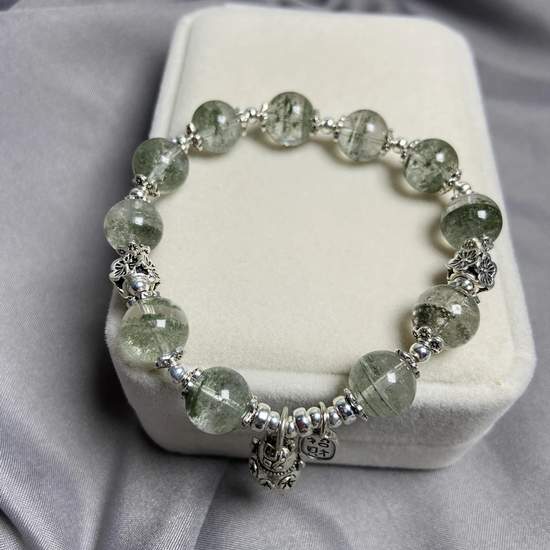 925 Silver Jewelry Natural Stone Bead Bracelet Women Man Bracelets Friendship Green Phantom Quartz Bead Gift