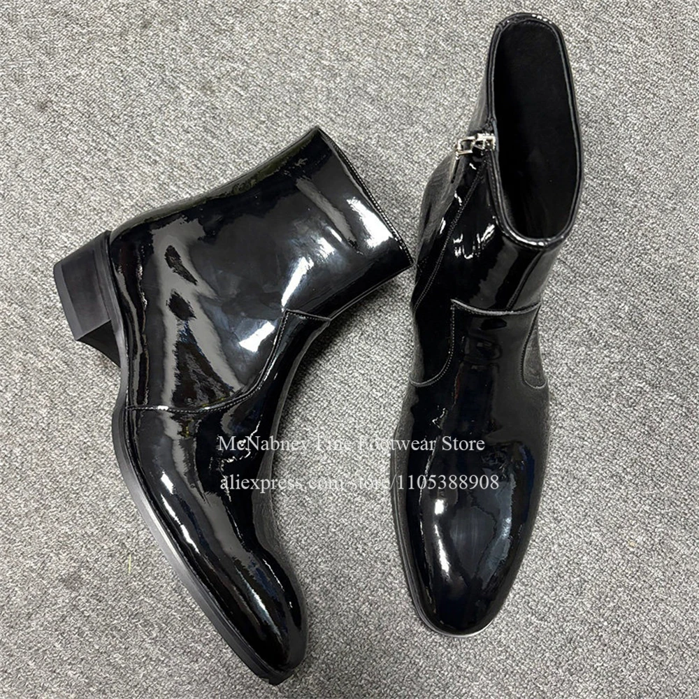 光沢のあるパテントレザーラウンドトゥメンズアンクルブーツサイ - Men Shoes For Wedding のレビューと価格