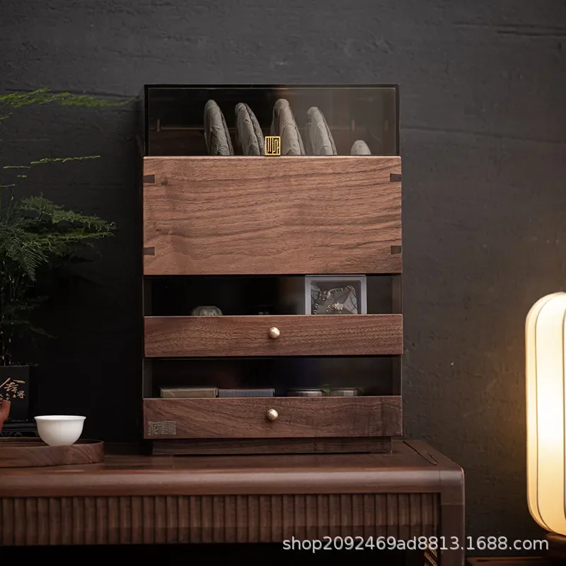 Walnut Wood Pu Er Tea Cake Storage Box Multi Layer Display Cabinet For Tea Set Coffee Cups Dust Proof Organizer Shelf Home