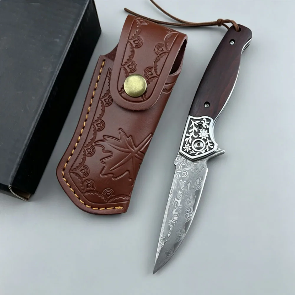 

Damascus Steel Folding Knife with Wood Handle and Leather Sheath for Outdoor Camping fishing and Daily Use hand tools