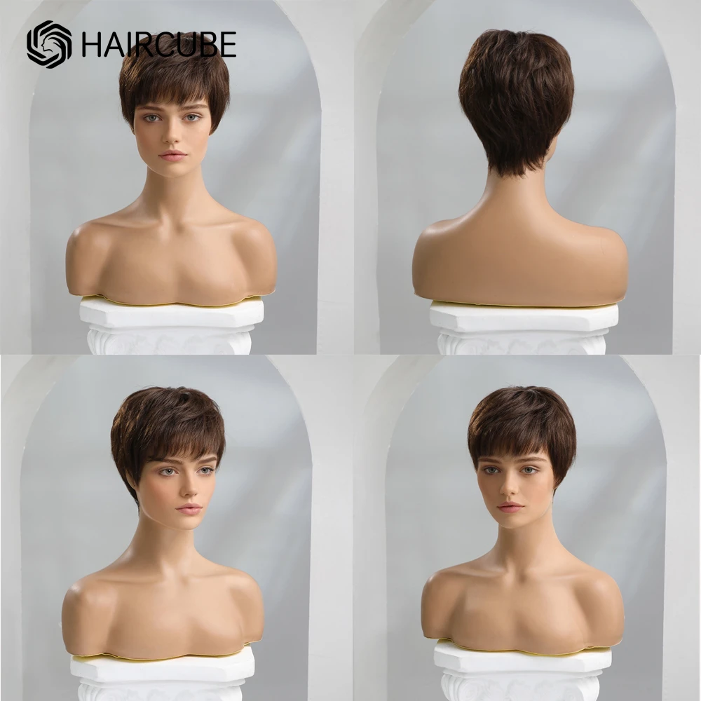 HAIRCUBE สั้น Pixie ตัดวิกผมตรงวิกผมผมมนุษย์ผู้หญิงสีน้ำตาลเข้มกับ Fluffy Bangs ความร้อนทนบริสุทธิ์ remy ผม