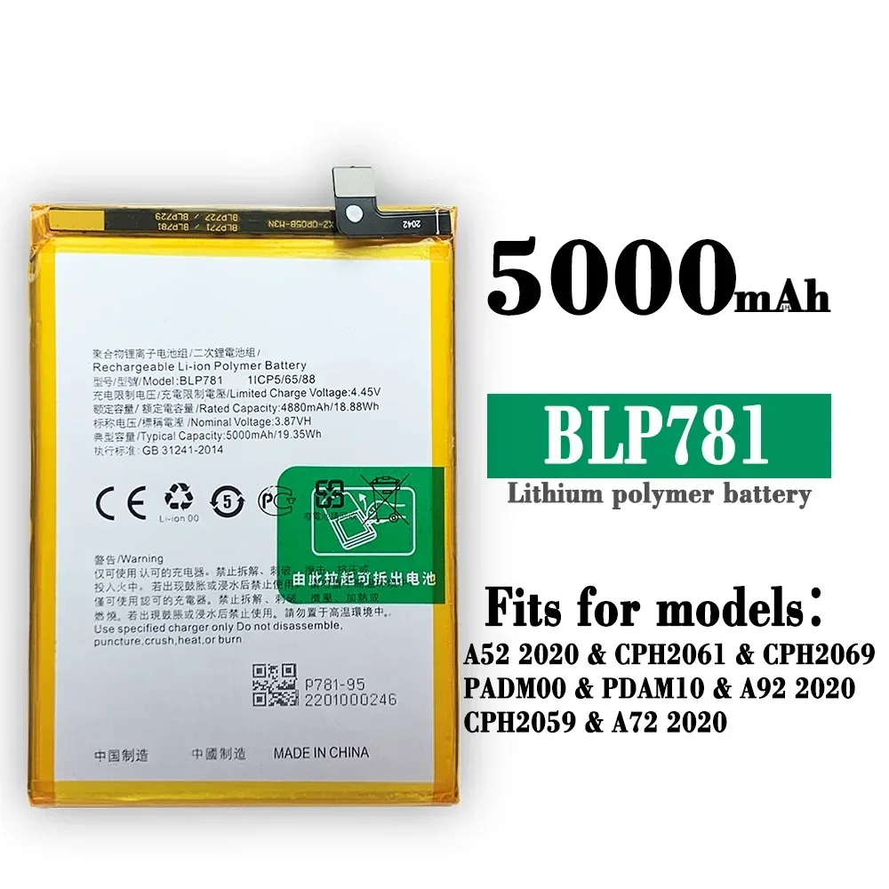 New Replacement Battery For OPPO 5000mAh BLP781 A52 A72 A92 BLP781 Smartphone Batteries