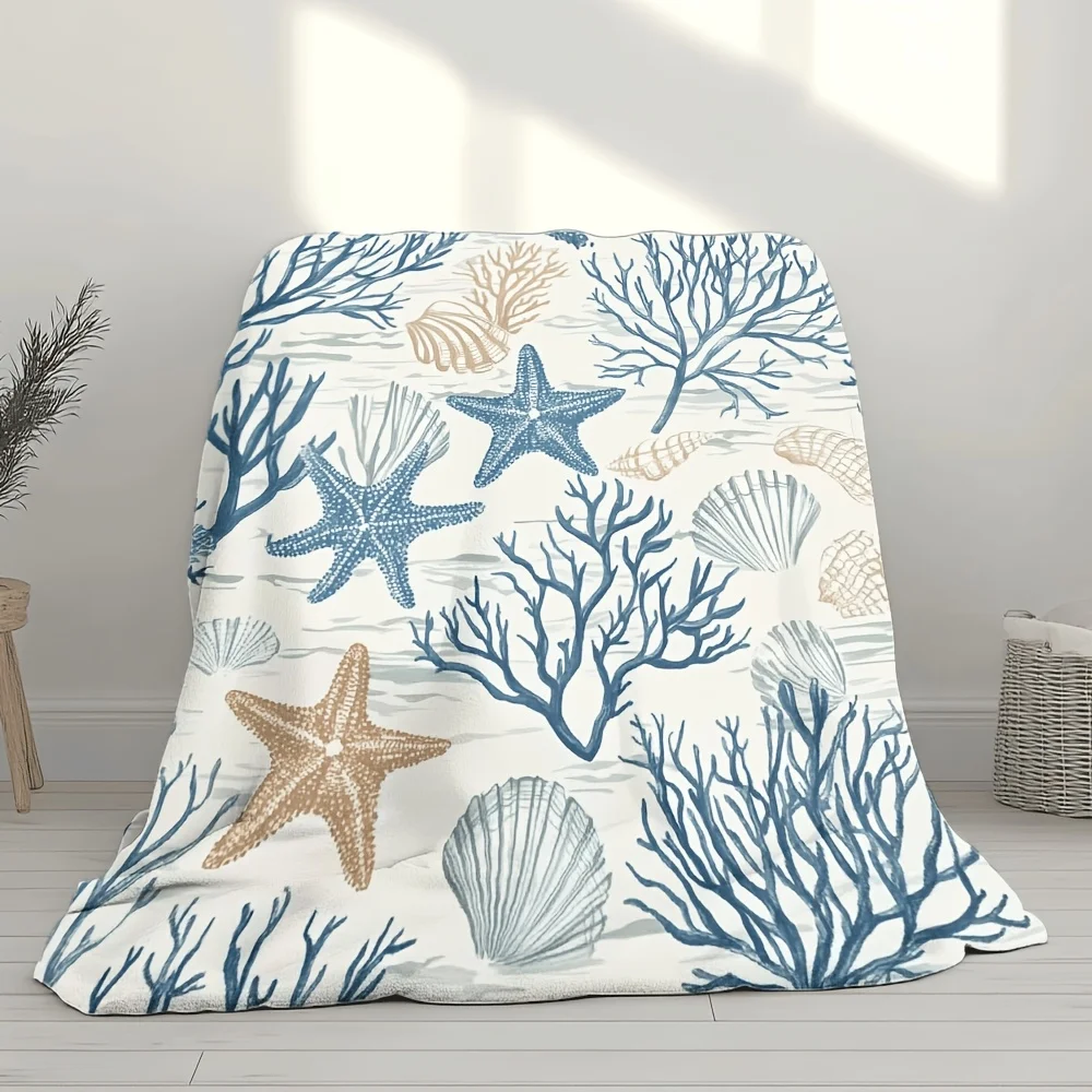 Lightweight & Soft Flannel Throw Blanket - Marine Harmony Print with Starfish & Coral Reefs, Design in Blue Beige Golden White