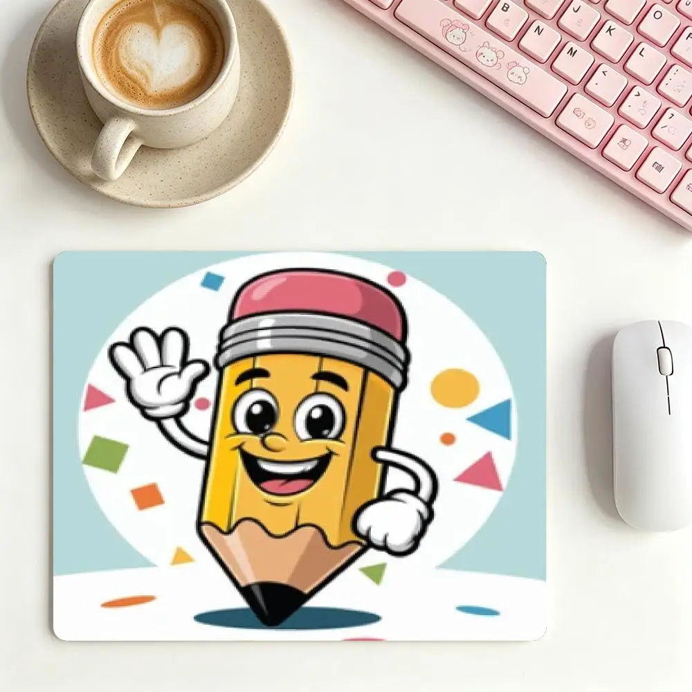 Playmat Large Size Cute Cartoon Pencil Character Waving Hand Colorful Geometric Background Non Slip Mousepad For Laptop Bedroom