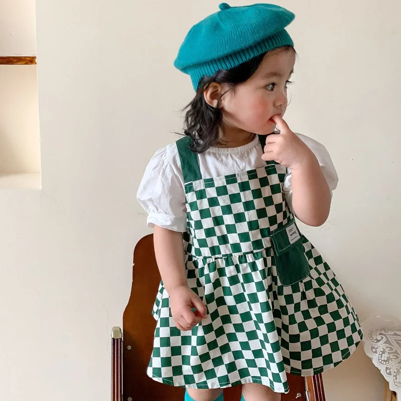 

Kids Dresses for Girls 2022 Summer Baby Puff-sleeved Short-sleeved Top Checkerboard Strap Skirt Princess Skirt Two-piece Suit