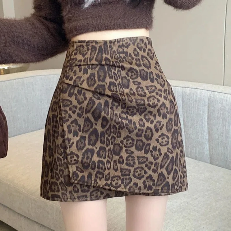 

Korean Fashion Autumn Winter Woolen Women Leopard Zipper Pleate Irregular Temperament High Waist Slim Short Bag Hip A-line Skirt