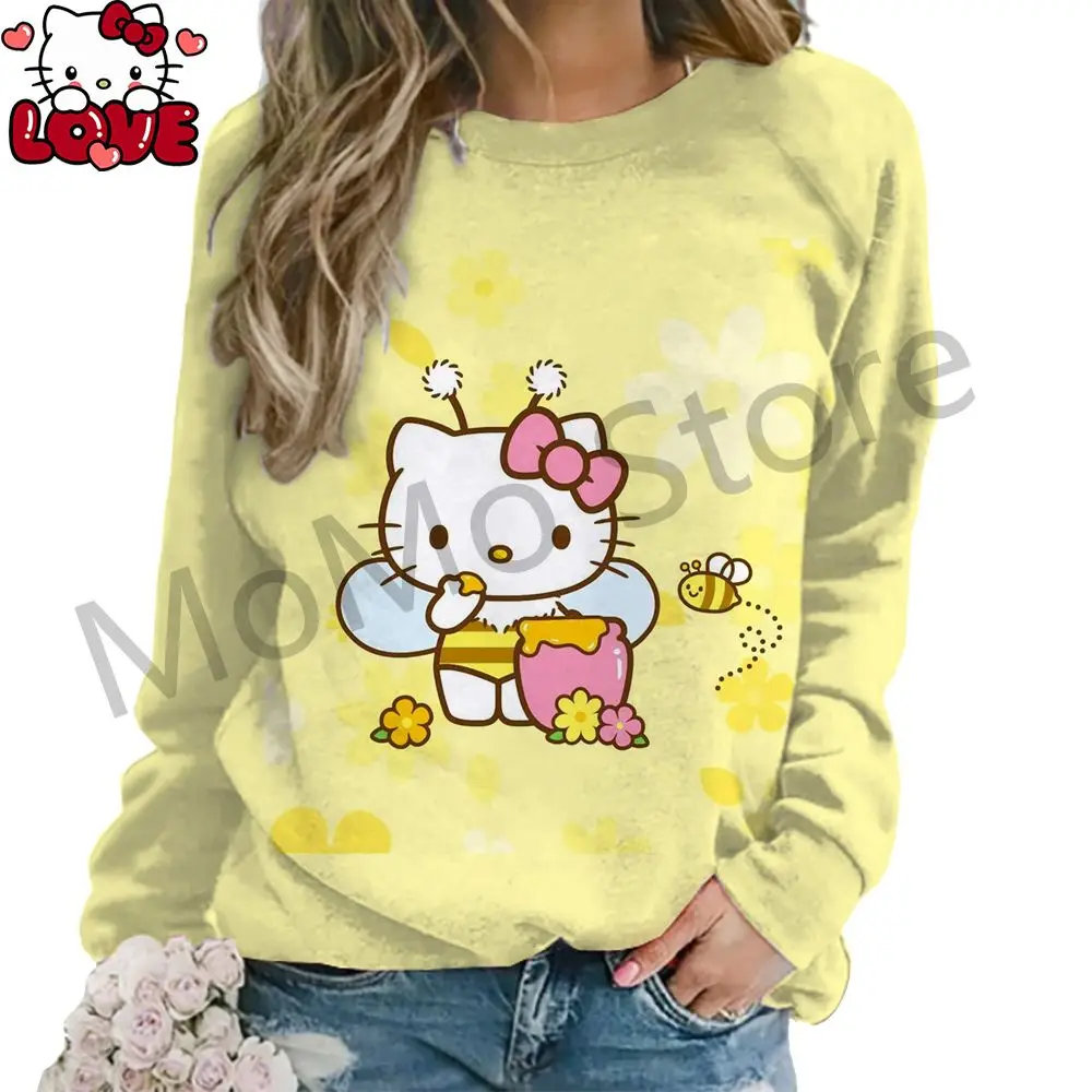 Moletons femininos de manga comprida hello kitty o pescoço lindos pulôveres y2k streetwear 2024 S-3XL novas roupas kawaii de alta qualidade