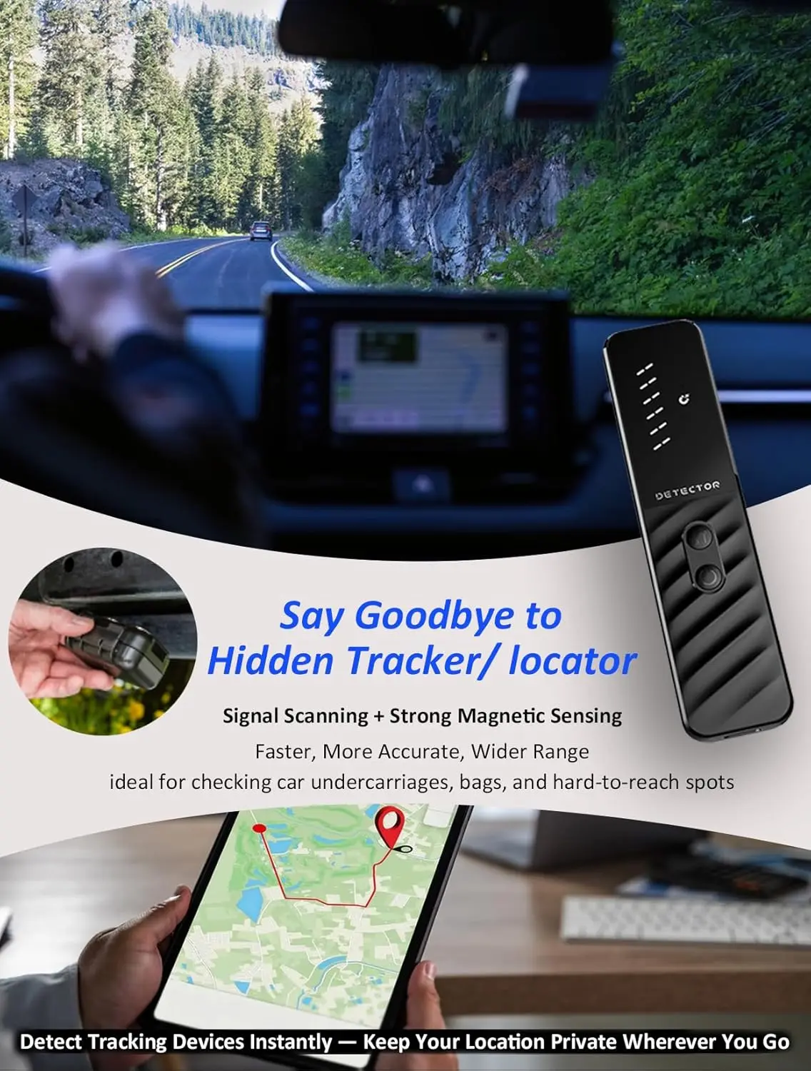 Easy-Operate Hidden Camera Detector,168H Battery GPS Tracker/Bug Detection,Portable 4-in-1 Anti Spy Gadgets for Privacy Security
