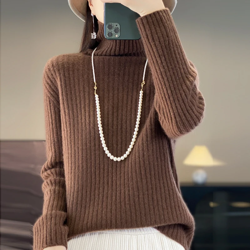 First-line ready-to-wear 100% pure woolen sweater women's heavy seven-needle thick high-necked pit knit loose and slim bottoming