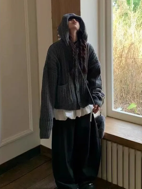 

Retro Korean ey Twisted Hat Knitted Sweater Coat Women's Autumn Winter Medium Length Bear Fur Knit Open Cardigan Lazy Sle