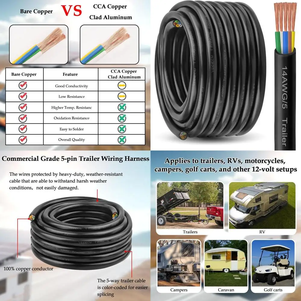 

5 Way Trailer Wire - 14 Gauge 5 Conductor 50FT Pure Copper Heavy Duty Cable Extension Rv Trailer Wiring Cord Insulated 14/5 Cabl