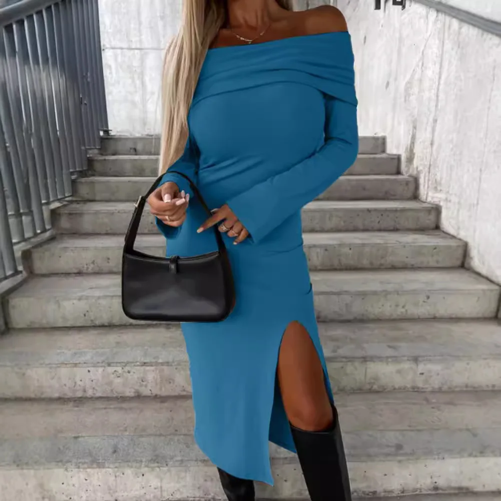 Sexy Long Slim Fit Dress For Women's Autumn Collection One Shoulder Split Flared Sleeve Solid Color Elegant Maxi Dress Vestido