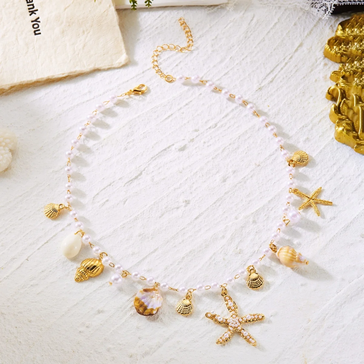 Imitationsperlen-Seestern-Muschel-Anhänger Halskette Armband Fußkettchen Set für Damen und Herren Boho Seestern Sommer Schmuckset – Detail 19