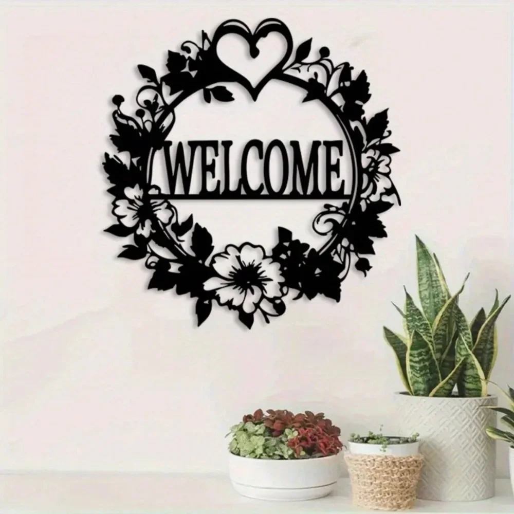 Black White Heart Wreath Welcome Plaque,2D Flat Laser‑Cut Silhouette,Romantic Iron Wall Mural,Entryway Front Door