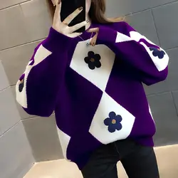 Spring Spring Round Neck Long Sleeve Sweater Women High Street Contrast Color Printing Patchwork Pullovers Elegant All-match Top