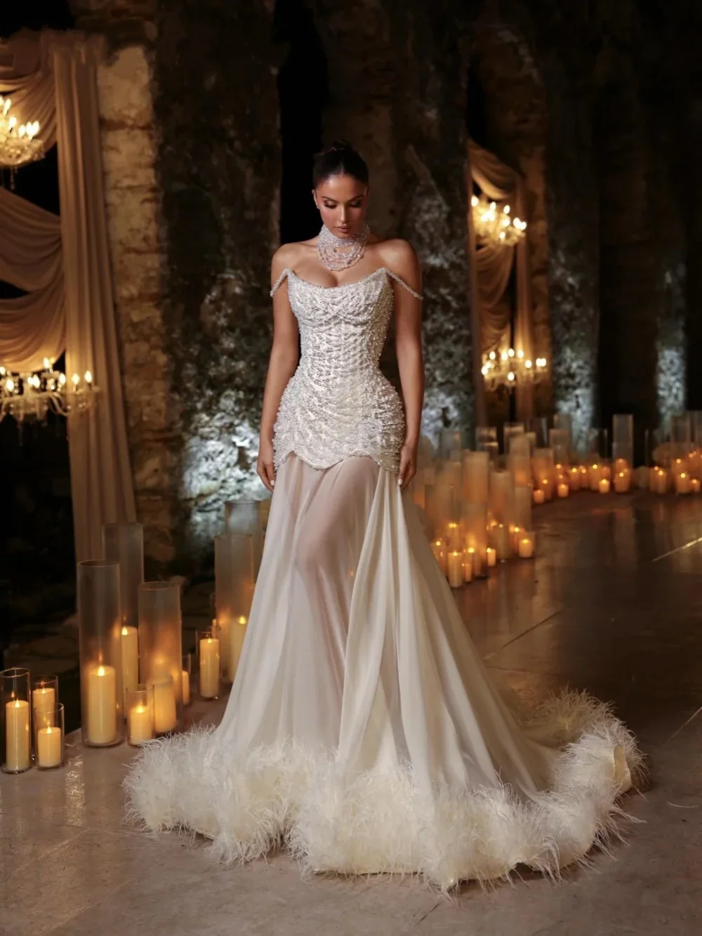 Fashion Wedding Dresses Pearls Sequins Mermaid Bridal Gowns Off Shoulder Feather Illusion 2 Pieces Customized Vestidos De Novia