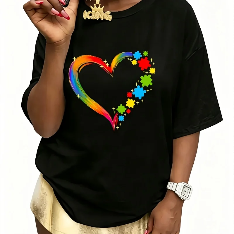 Autism Awareness Rainbow Heart Graphic Women's 100% Cotton T-Shirt Fun Print Short Sleeve Top Casual Round Neck Tee S-5Xl