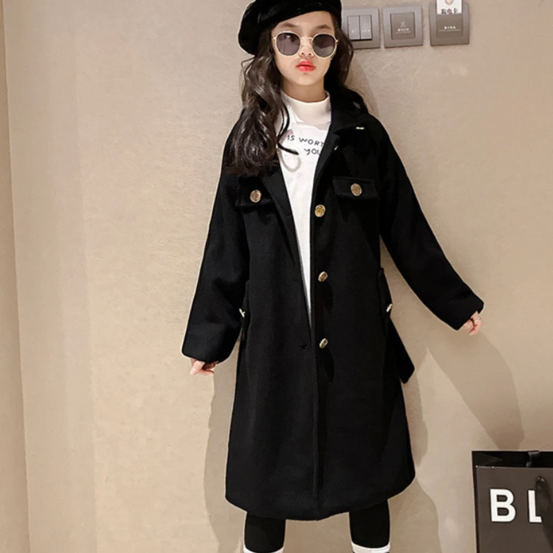 Girls Woolen Coat Overcoat Jacket Windbreak 2023 Simple Warm Thicken Winter Cotton Party Plus Size Children\'s Clothing