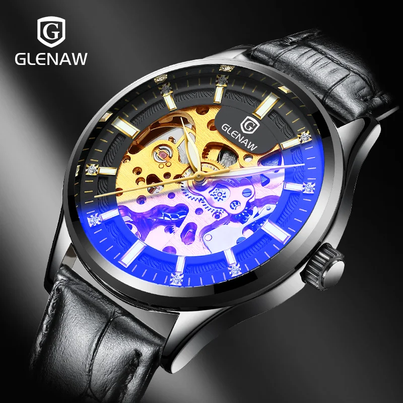 

GLENAW Watch Automatic Men's Watch Skeleton Fashion Mechanical Watch Luxury Stainless Steel Waterproof Watch Men's Reloj Hombre