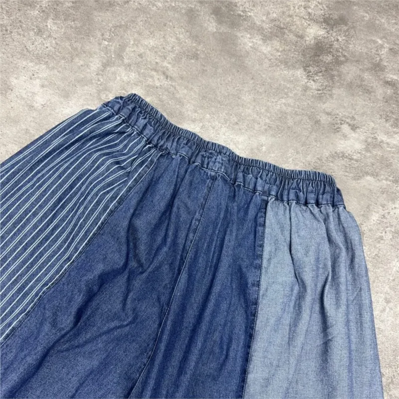 Johnature Pantaloni da donna a gamba dritta elastici casual larghi in denim a gamba larga scozzese a blocchi di colore vintage giapponese