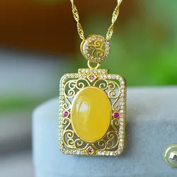 Natural Amber Necklace Women Healing Gemstone Fine Jewelry Genuine Baltic Amber ﻿luxury Zircon Ruby Rectangular Pendant Necklace