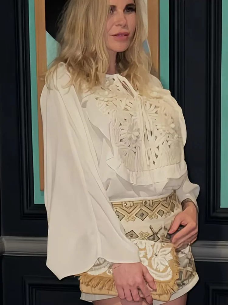 

HH Women Summer Fashion Lace Suit Elegant Long Sleeve Crew Neck Lace Up Stitching Hollow Shirt+A-line High Waist Mini Skirt