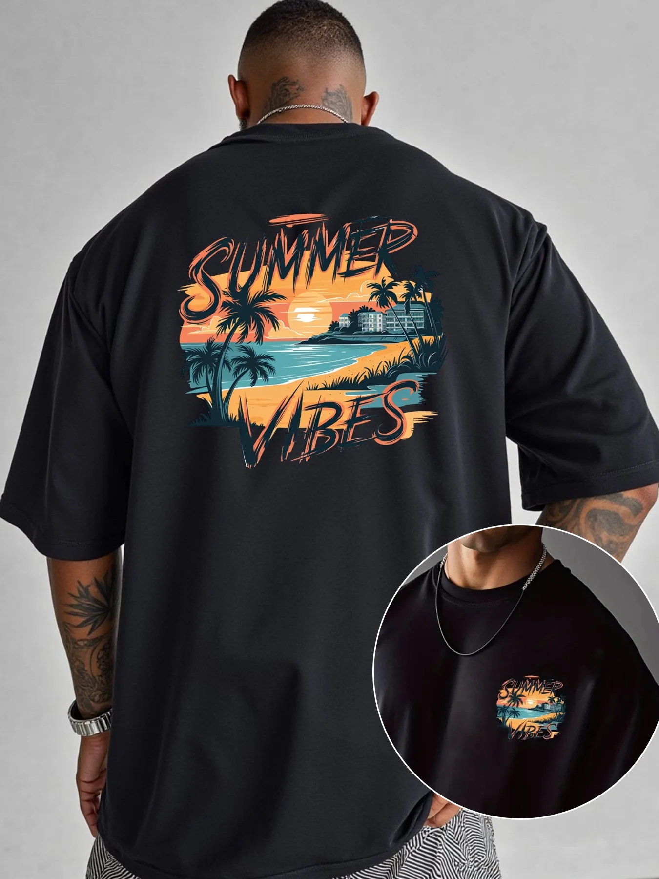 Men'S Summer-Themed Graphic T-Shirt - Featuring a Tropical Beach Sunset Print, Loose Short Sleeves, Lightweight Breathable Fabric, And a Casual Round Neck Design for Spring And Summer