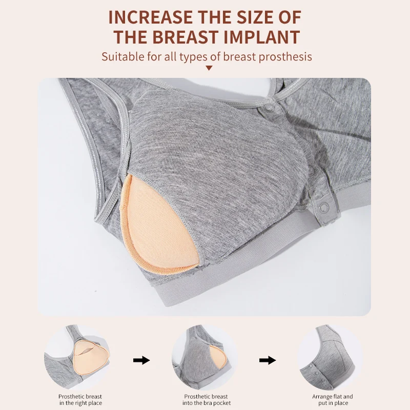 6031 Mastectomy Bra with Pockets Front Closure Cotton Plus Size Lingerie for Post Surgery Women Silicone Insert